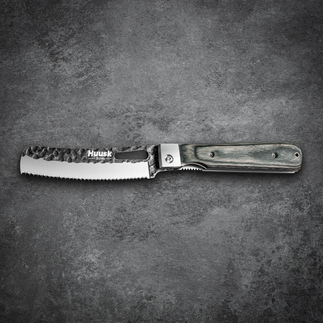 Huusk 4.14-Inch Green Wood Folding Serrated Knife