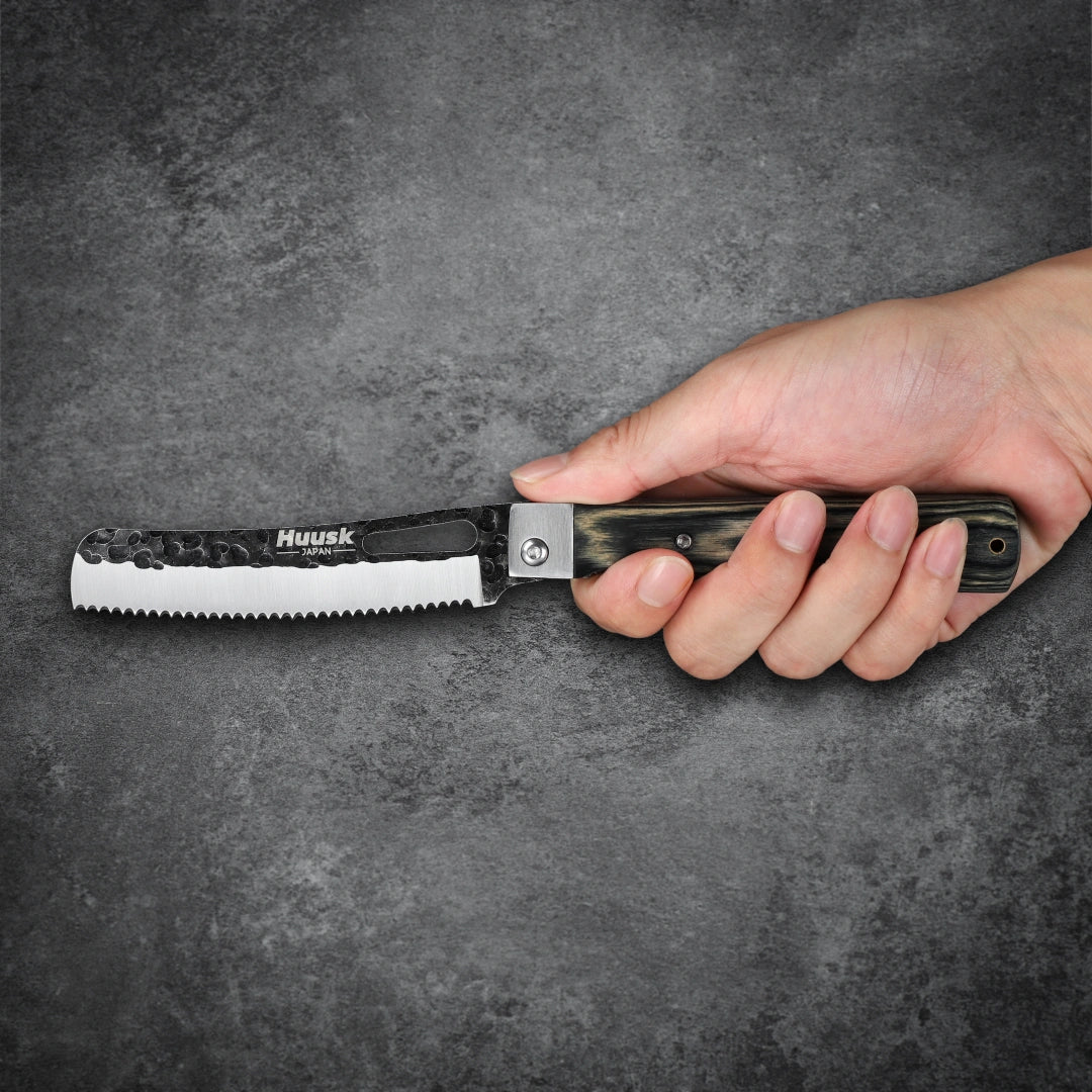 Huusk 4.14-Inch Green Wood Folding Serrated Knife