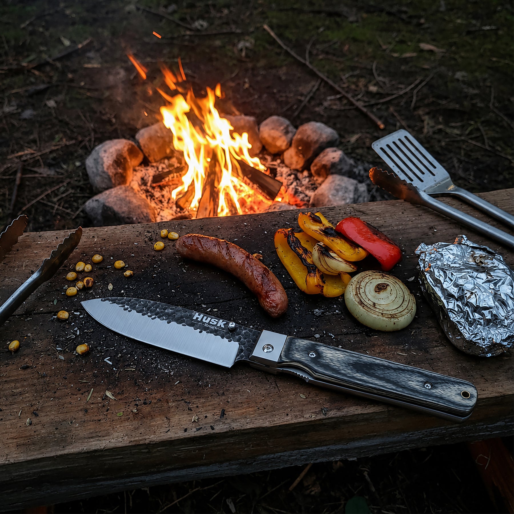 Huusk kitchen tools arranged on a prep table