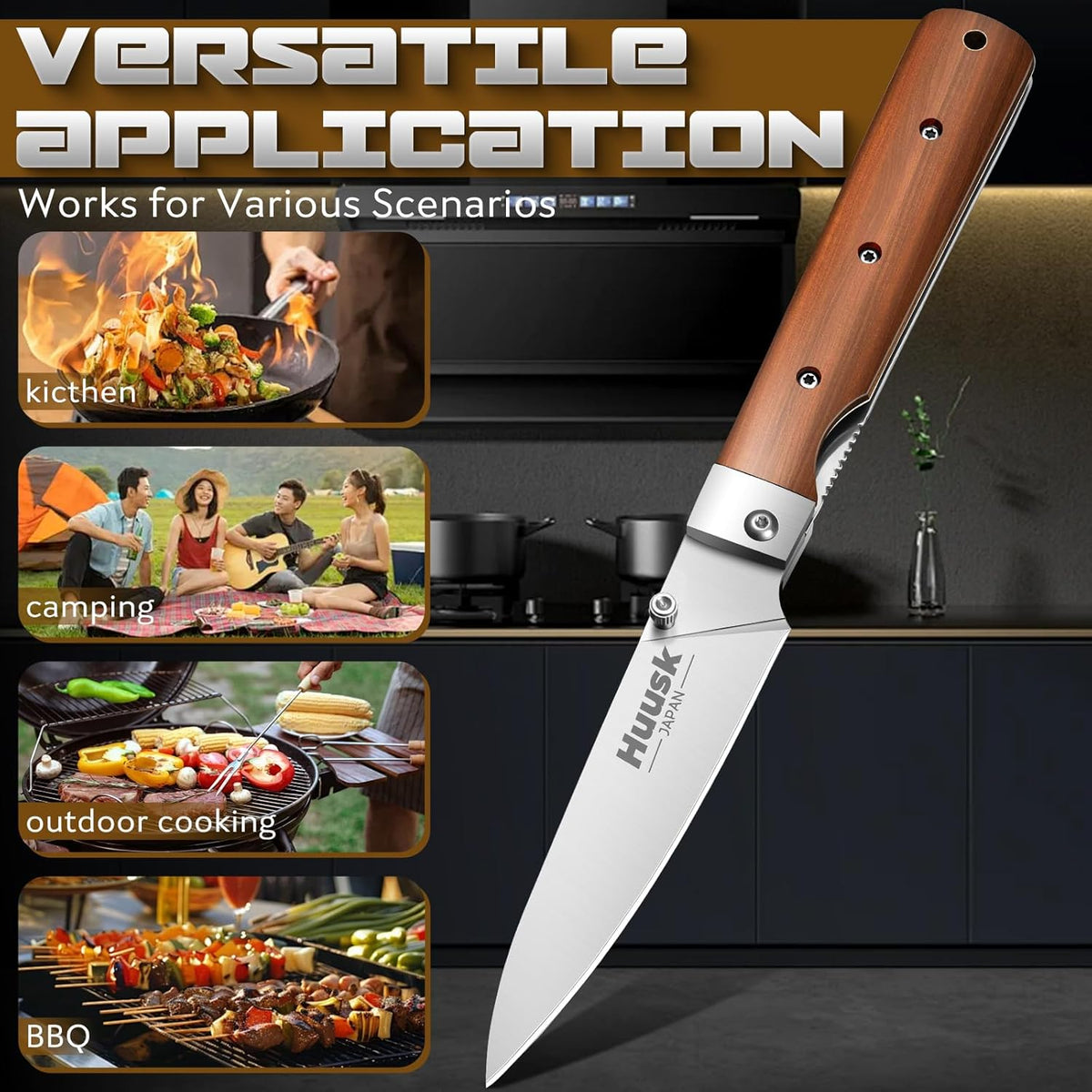 Huusk Folding Chef Knife - Natural Wood, 4.37 inch