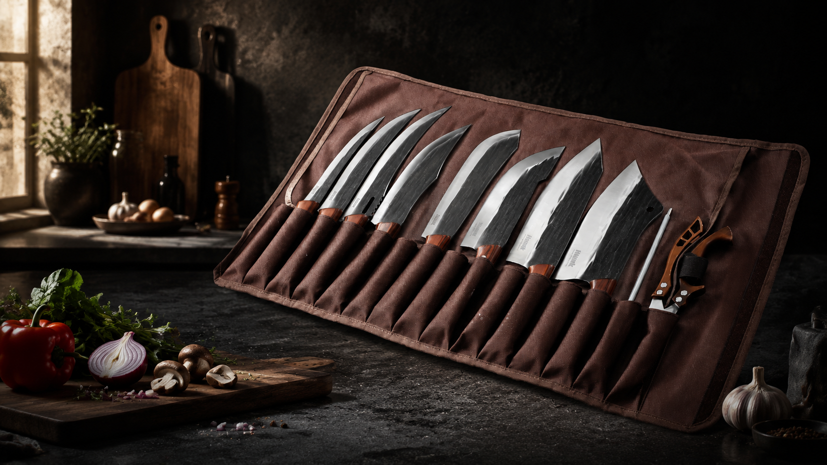 Huusk kitchen tools arranged on a prep table