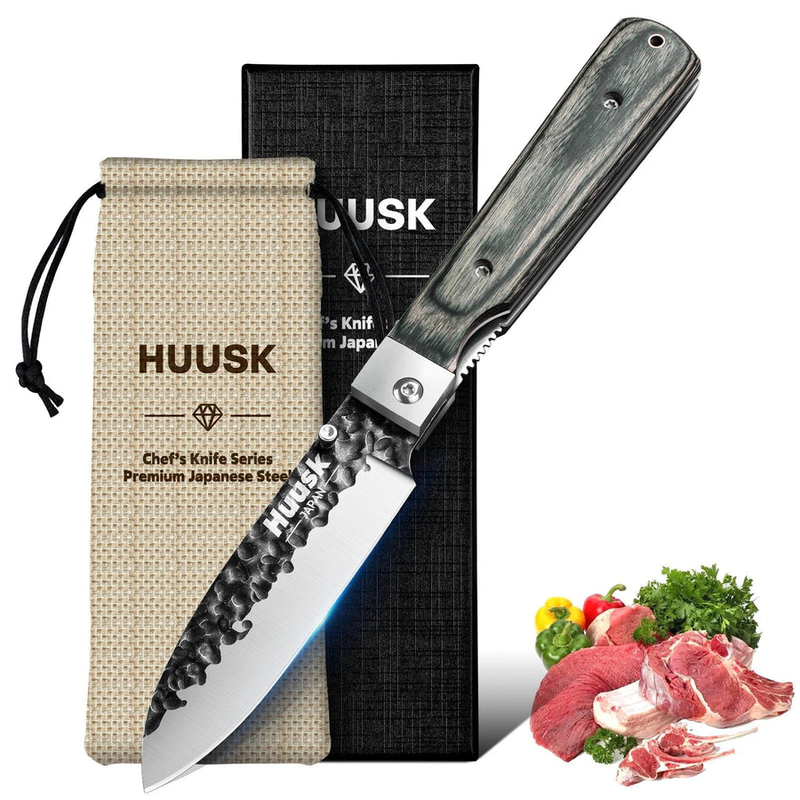 Huusk Folding Chef Knife - Green Wood, 4.26 inch