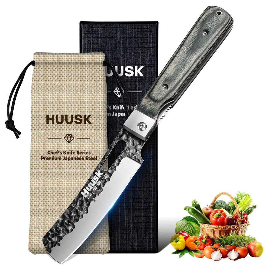 Huusk Folding Chef Knife - Green Wood, 4.33 inch