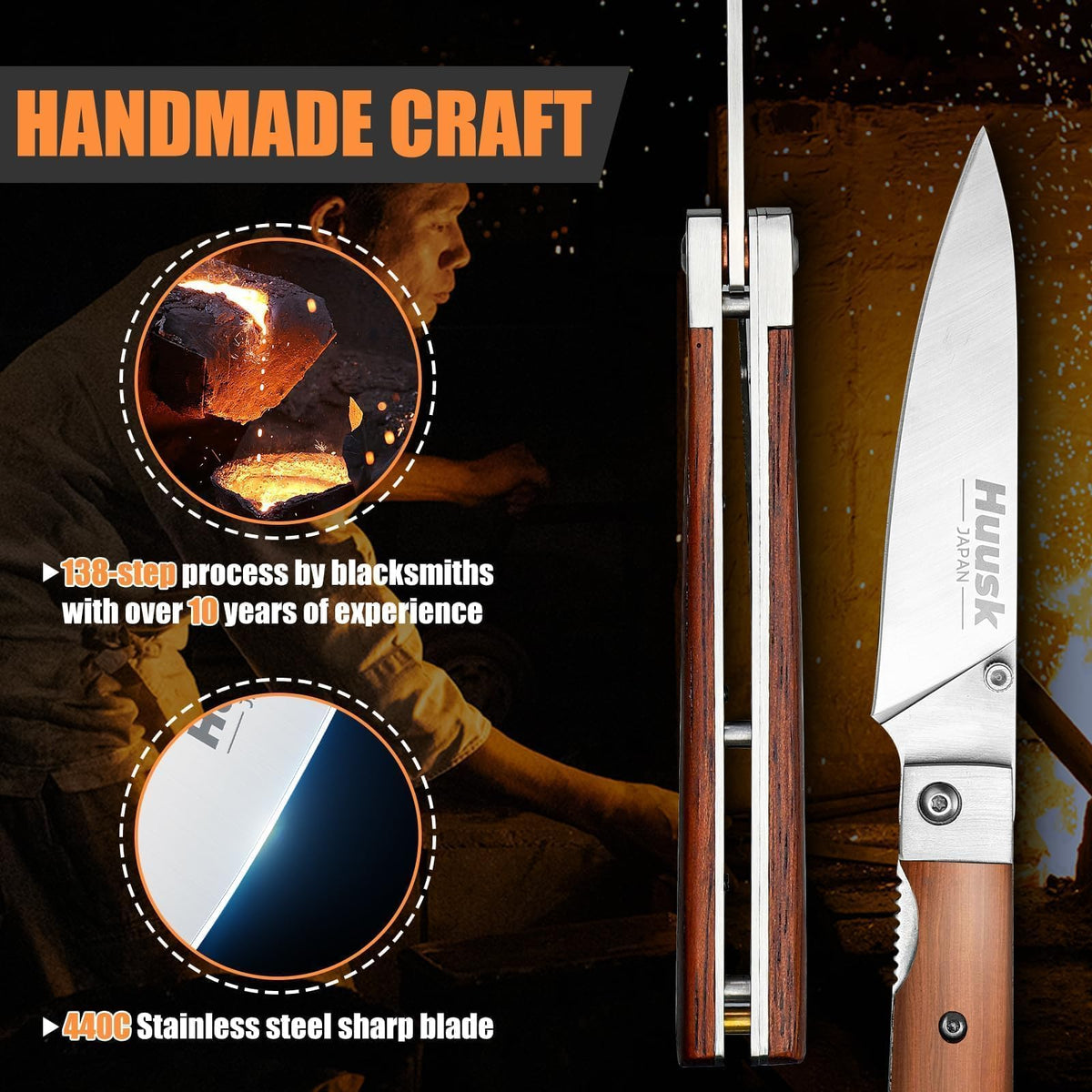 Huusk Folding Chef Knife - Natural Wood, 3.94 inch