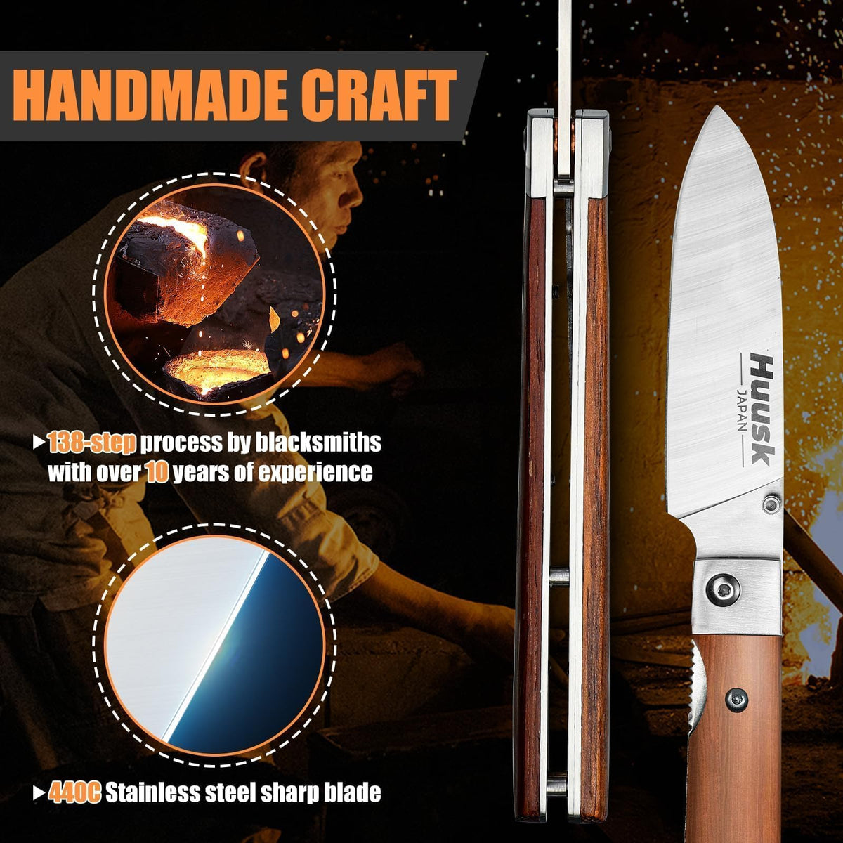 Huusk Folding Chef Knife - Natural Wood, 4.26 inch