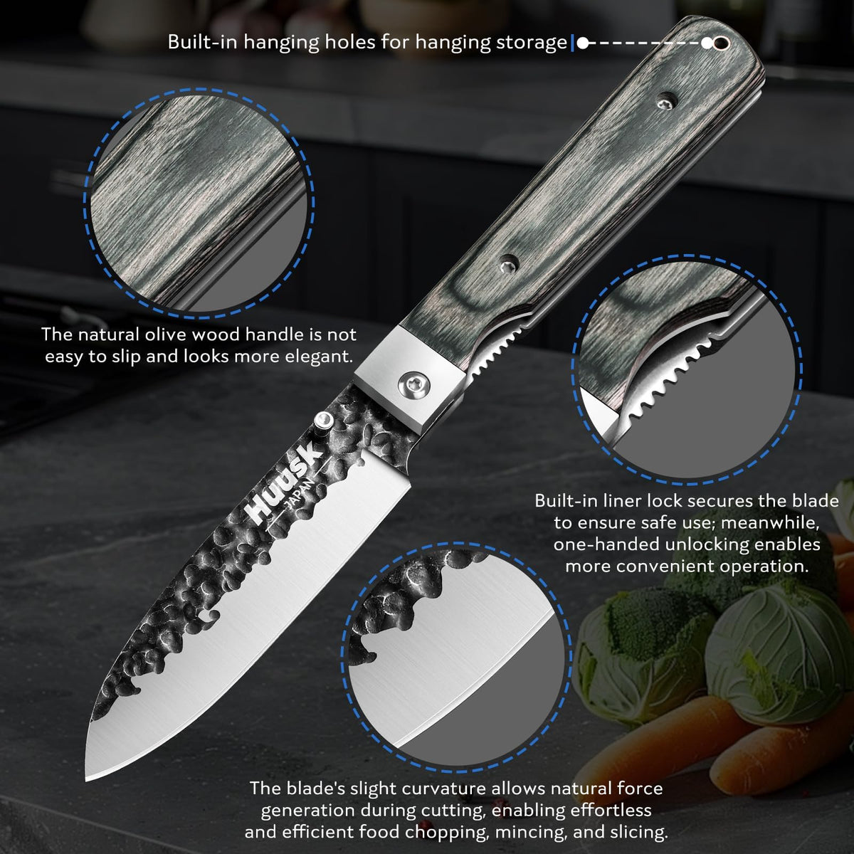 Huusk Folding Chef Knife - Green Wood, 4.26 inch