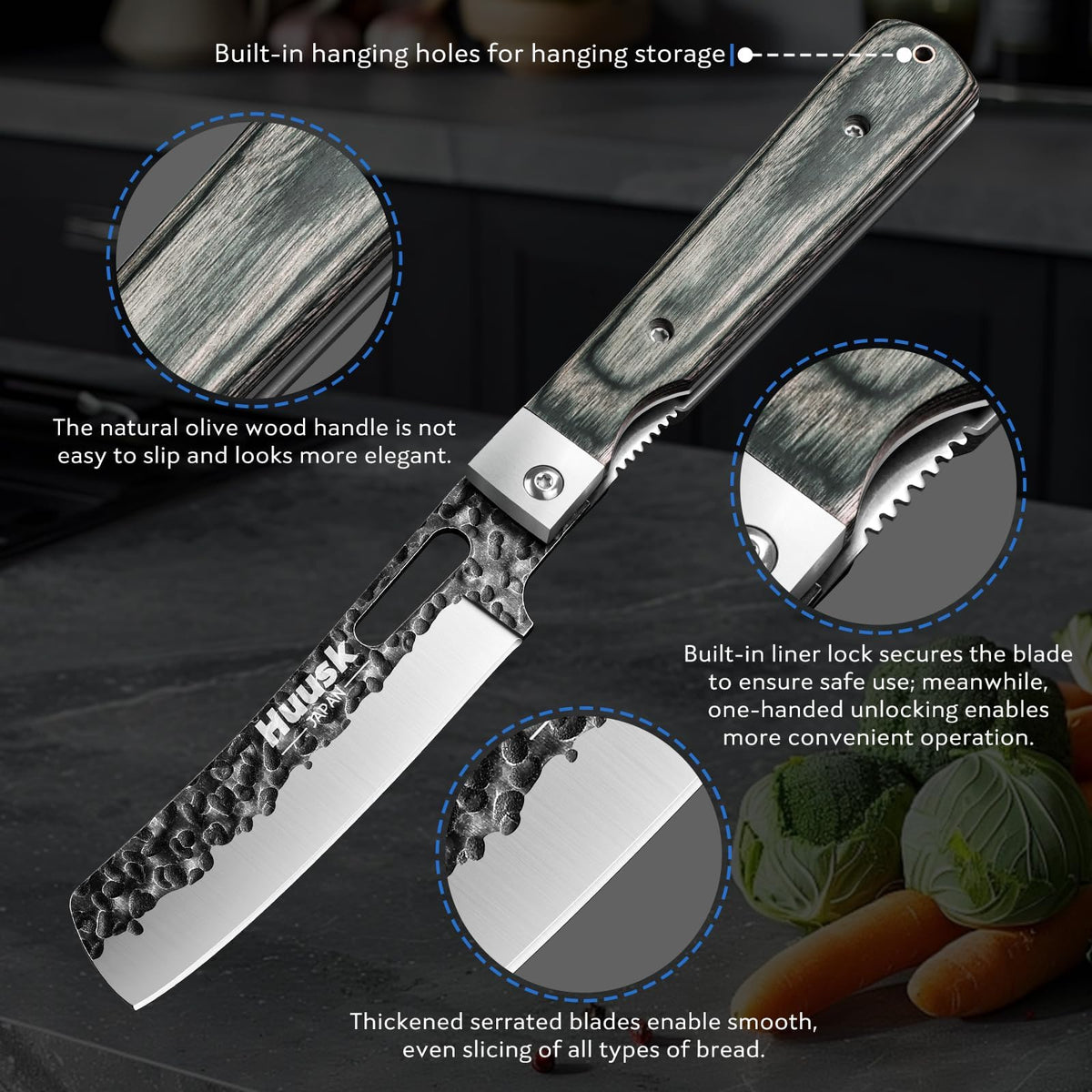 Huusk Folding Chef Knife - Green Wood, 4.33 inch