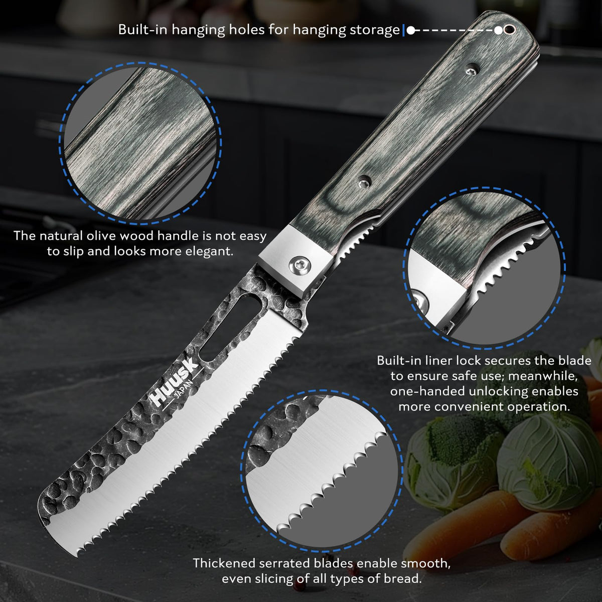 Huusk Folding Chef Knife - Green Wood, 4.14 inch