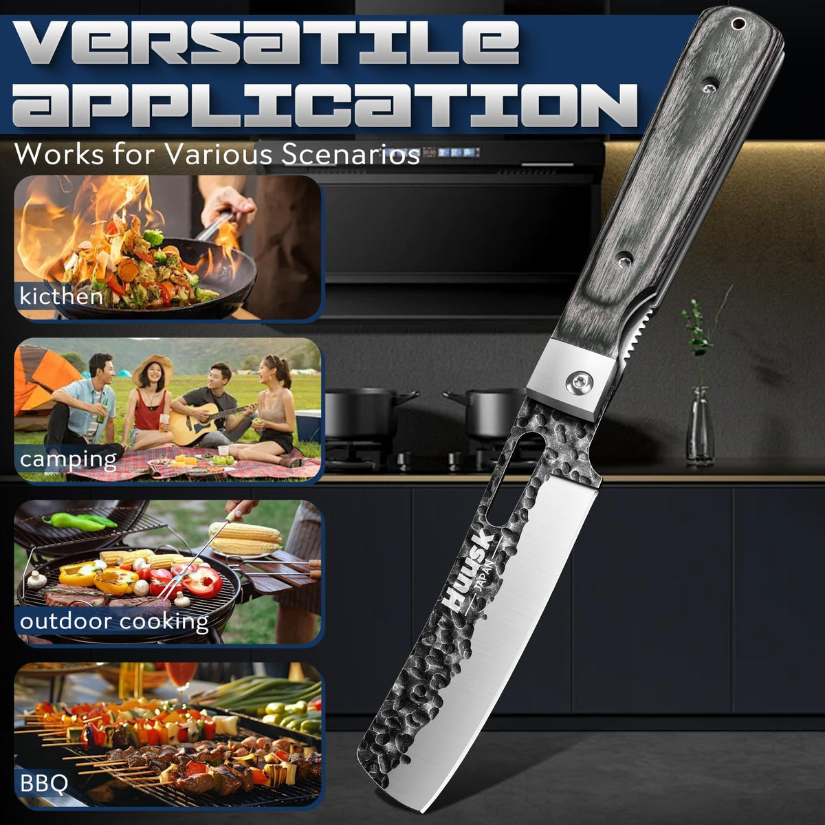 Huusk Folding Chef Knife - Green Wood, 4.33 inch